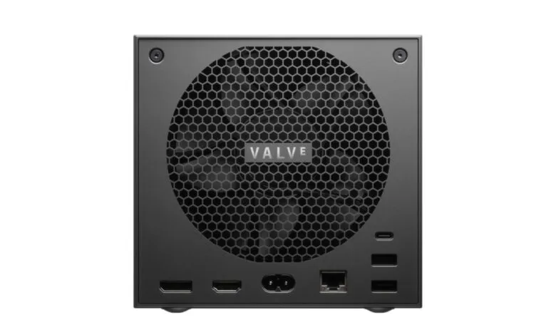 Rear view of a black Valve Steam Deck docking station with various ports.