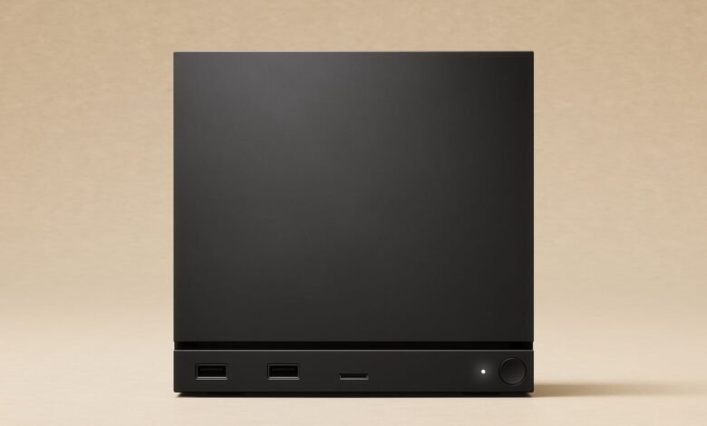 Minimalist black box with USB ports and power button on a beige background.