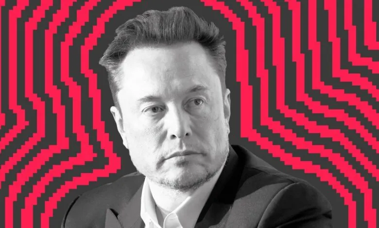 Close-up portrait of Elon Musk against a red and black pixelated background.