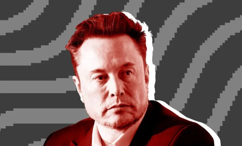 Elon Musk portrait with red tint and gray patterned background.