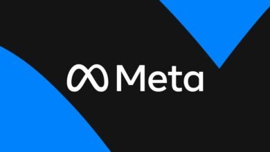 Meta logo in white against a black background with blue accents.