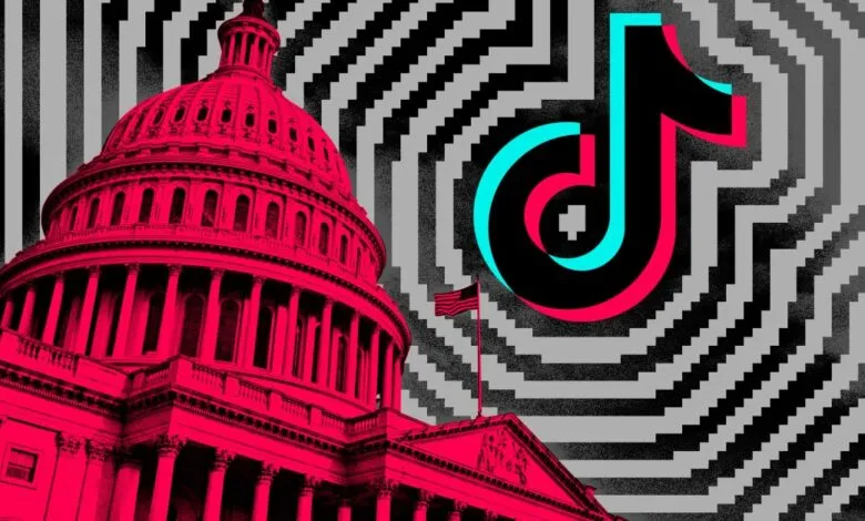 The US Capitol building in red against a background of the TikTok logo and a pixelated pattern.