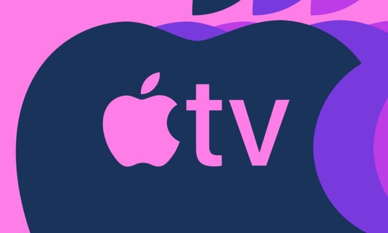Apple TV logo in pink against a dark blue and purple abstract background.