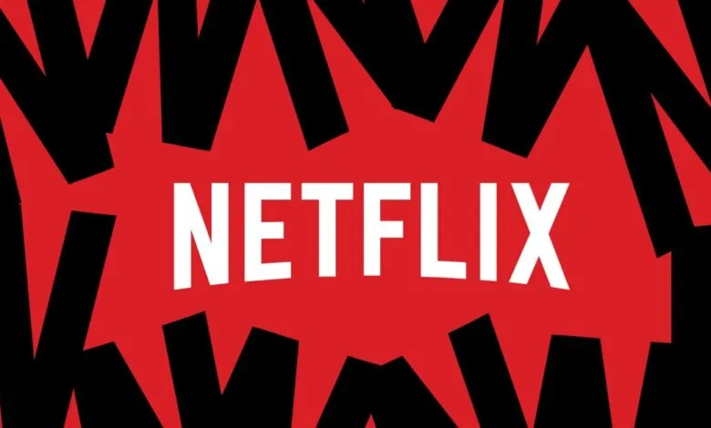 The Netflix logo in white text on a red background with black abstract shapes.