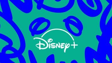 Disney+ logo in white on a teal background with abstract blue shapes.