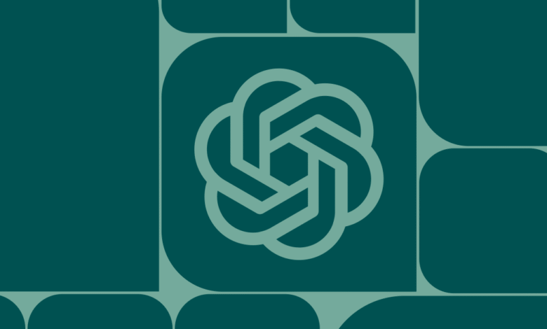 Abstract geometric design with OpenAI logo in teal and dark teal.