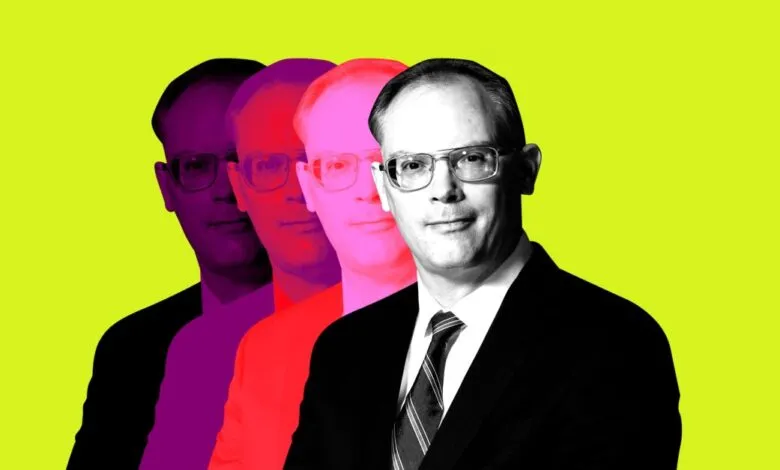 Tim Sweeney portrait with colorful layered effect on bright yellow background.