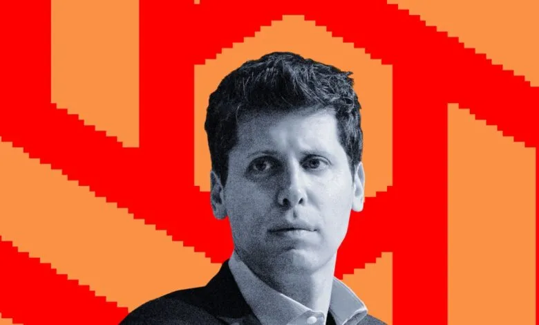 Portrait of Sam Altman, CEO of OpenAI, against a vibrant orange and red geometric background.