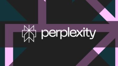 Perplexity logo with abstract geometric background in purple, pink, and teal.