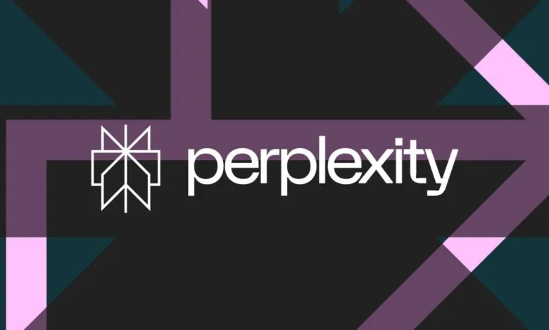 Perplexity logo with abstract geometric background in purple, pink, and teal.