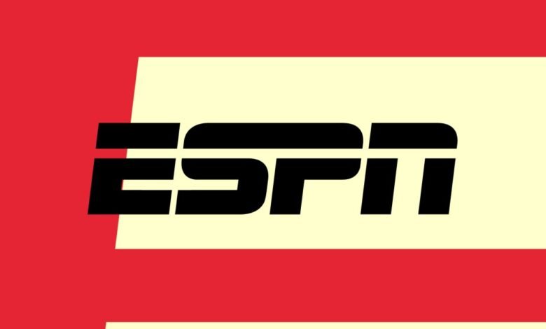 The ESPN logo in black against a cream background with red accents.