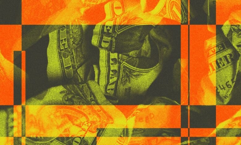 Close-up of crumpled US dollar bills with a glitch art overlay in orange and green.