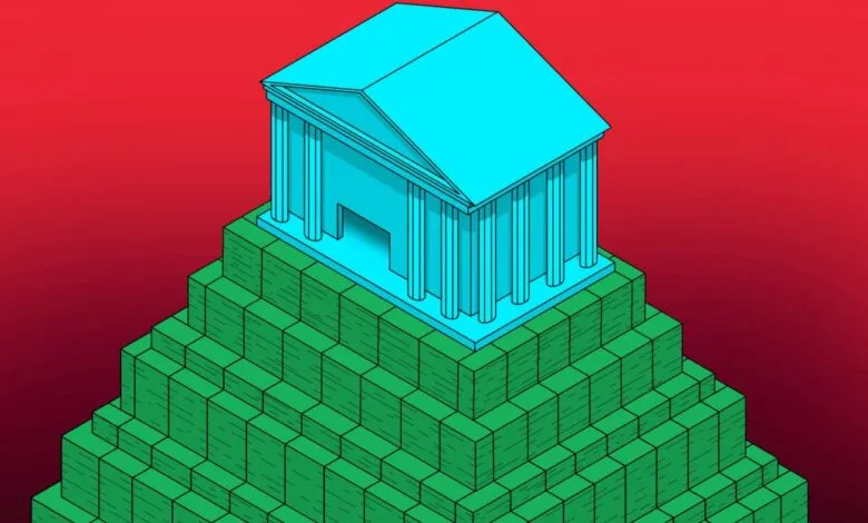 Stylized illustration of a blue bank building atop a pyramid of green money stacks.