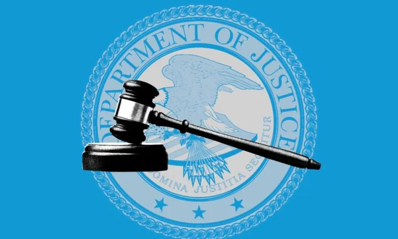 Department of Justice seal with a gavel overlayed on a blue background.