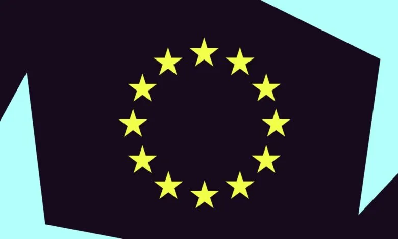 The flag of the European Union with 12 yellow stars in a circle on a dark background.
