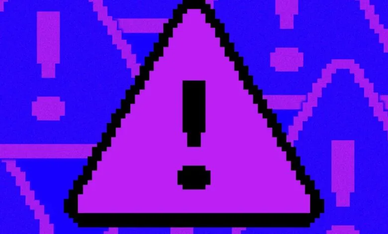 Pixelated warning sign with an exclamation mark on a blue and purple background.