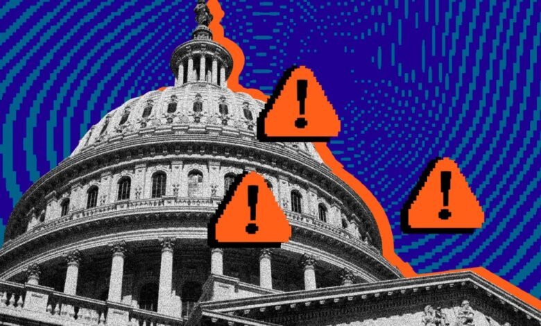 US Capitol Building with orange warning signs against a blue pixelated background.