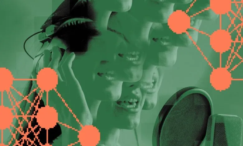Person wearing headphones, speaking into a microphone, with abstract network graphics.