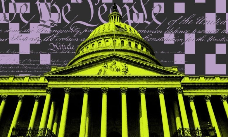 The U.S. Capitol building with a neon yellow and black color scheme, overlaid with text from the Constitution.