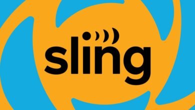The Sling TV logo with the word 'sling' in black text on an orange background with blue swirls.