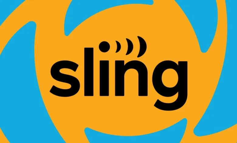 The Sling TV logo with the word 'sling' in black text on an orange background with blue swirls.