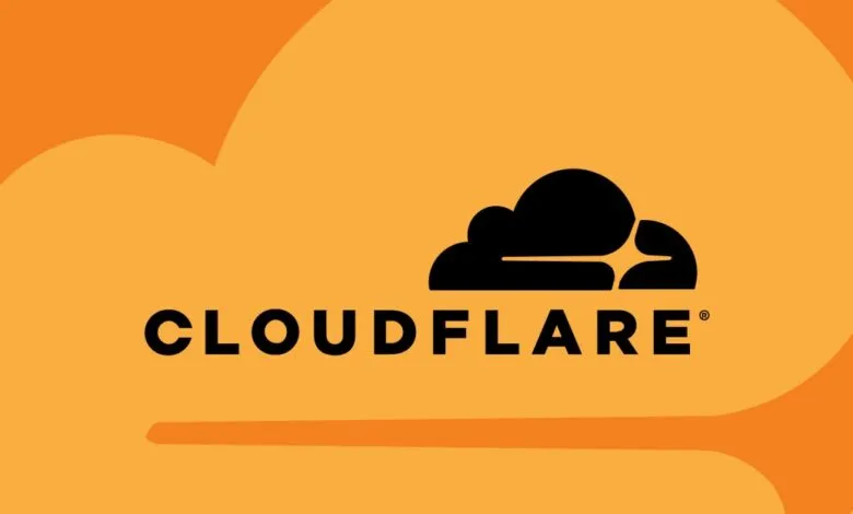 Cloudflare logo with black cloud icon and text on an orange background.