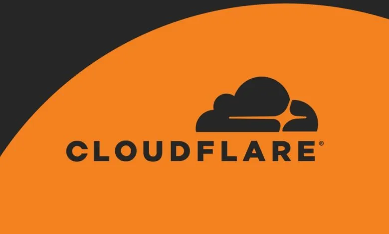 Cloudflare logo with text on an orange and dark grey background