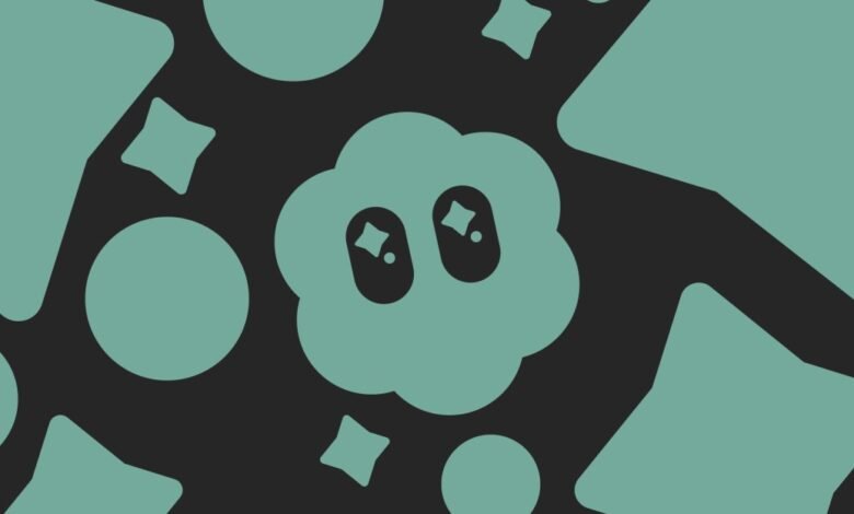 Abstract pattern with shapes and a cute cloud face on a dark background.