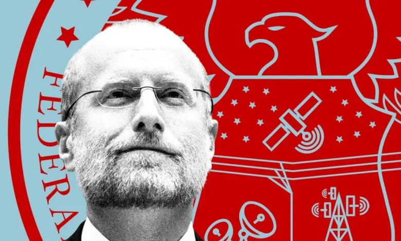 Close-up portrait of Brendan Carr with a red and blue graphic background featuring an eagle and communication symbols.