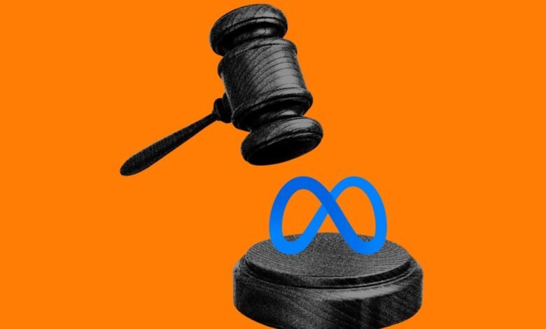 A gavel poised above the Meta logo on a sounding block against an orange background.
