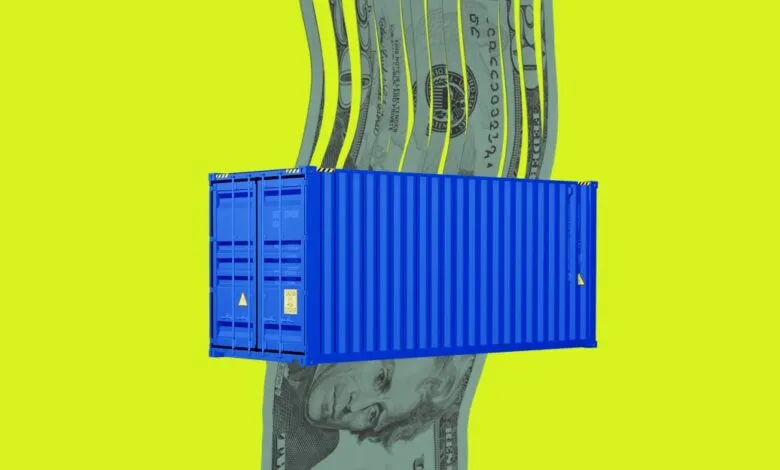 A blue shipping container is positioned over distorted US dollar bills against a bright yellow background.