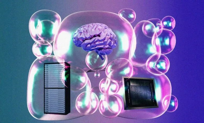 AI concept: Brain, server, chip inside iridescent bubbles.