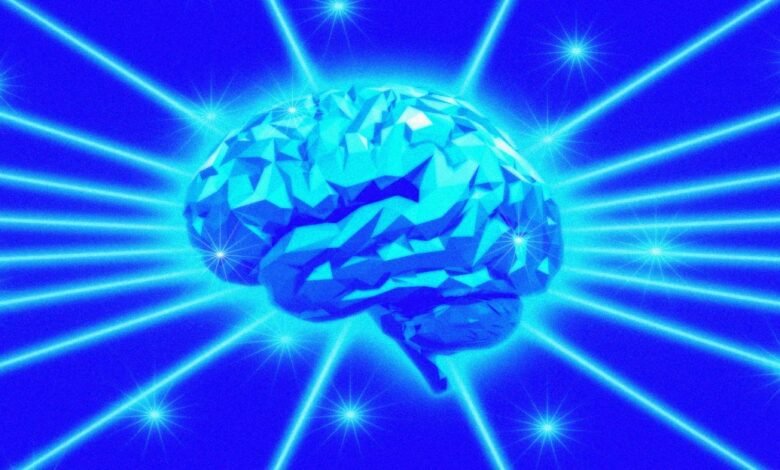 A polygonal blue brain emitting bright blue light rays and starbursts against a dark blue background.