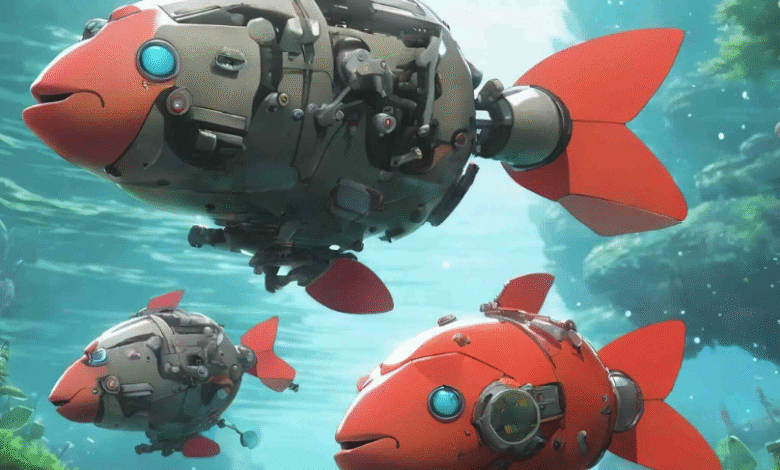 Three robotic fish with orange fins and blue eyes swim underwater.