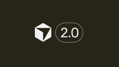 White geometric logo with a stylized 'V' and the number 2.0 in an oval.