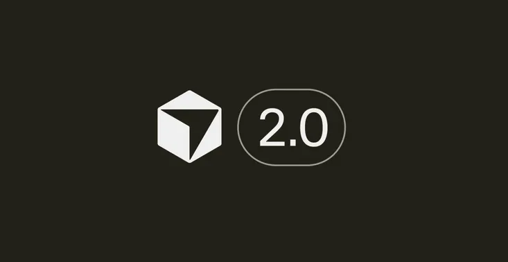 White geometric logo with a stylized 'V' and the number 2.0 in an oval.