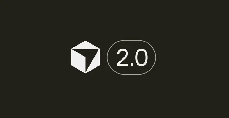 White geometric logo with a stylized 'V' and the number 2.0 in an oval.