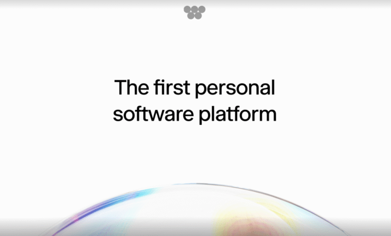 Text reads 'The first personal software platform' with a subtle abstract graphic above.