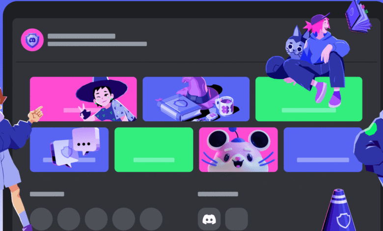 Stylized characters interacting with a digital interface featuring colorful cards and Discord logo.