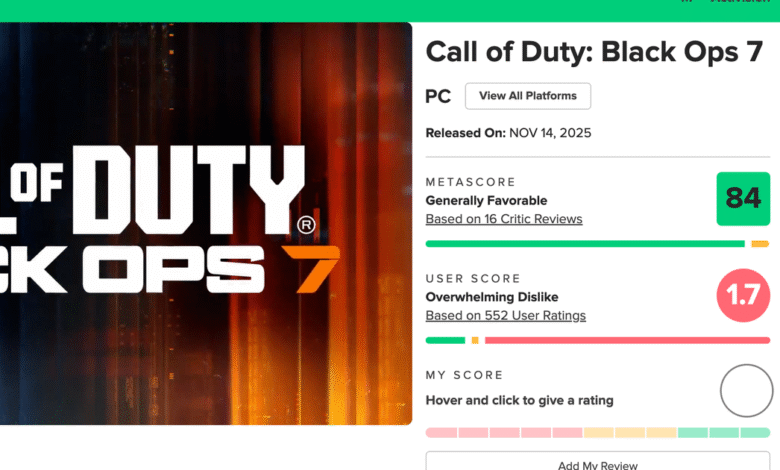 Call of Duty: Black Ops 7 game page showing Metascore and User Score.