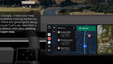 Car dashboard showing Google Assistant searching for BBQ restaurants with navigation and music playing.