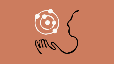 Abstract art with hand, face profile, and atom symbol on terracotta background.