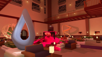 Stylized hotel lobby with modern art installations and seating areas.