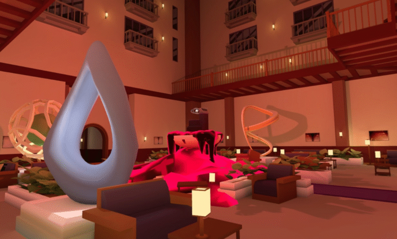 Stylized hotel lobby with modern art installations and seating areas.