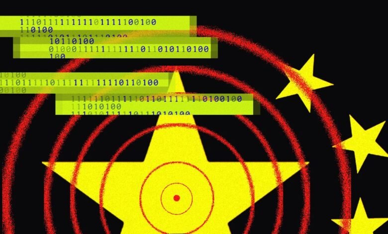 Abstract illustration of Chinese flag stars with binary code and red signal waves.