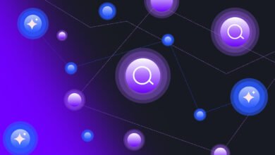 Abstract network of glowing nodes with search icons and sparkles on a gradient background.