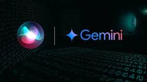 Siri logo next to Gemini logo with a digital background