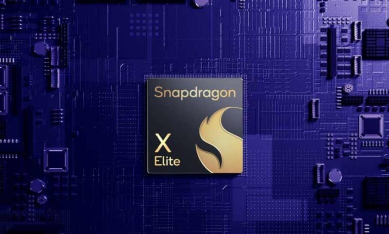 Snapdragon X Elite processor logo on a dark blue circuit board background.