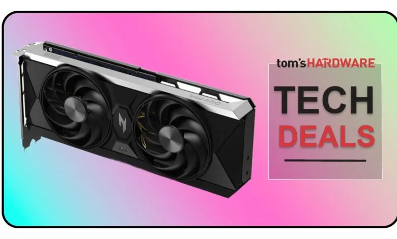 Intel Arc graphics card with dual fans and 'Intel ARC' branding.