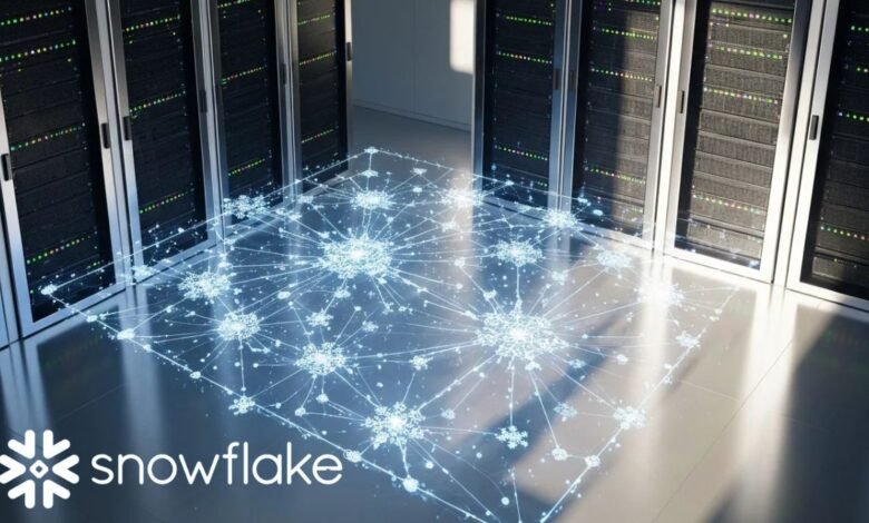 Snowflake logo with a glowing network visualization in a server room.